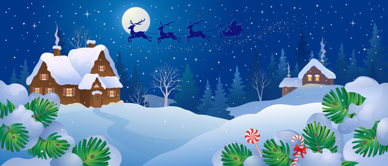 Christmas night fairytale with flying Santa sleigh