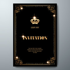 VIP invitation template with golden crown and art deco frame on black background