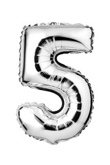 Number 5 of silver foil balloon isolated on a white background