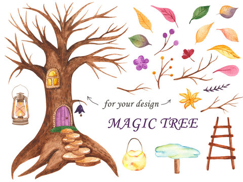 Watercolor fairy tree for design. An illustration of a tree and individual elements of leaves, flowers, lanterns to create a new project. For cards, invitations, children's design, kindergarten.