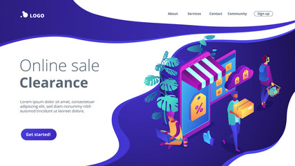 Online discount store concept Isometric 3D landing page.