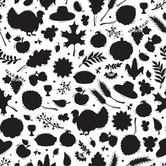 Thanksgiving Day Symbols Vector Background. Autumn Harvest icons Seamless Pattern. Silhouettes of Turkey Bird, Berries, Fruit, Vegetables, Leaves, Ears Of Wheat, Thanksgiving Hat and Pumpkin pie