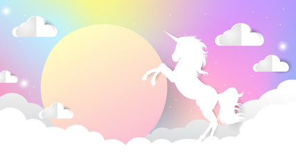 Unicorn Paper cut on pastel sky with moon light