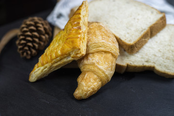 bread with Croissant , Pie in the wood in the morning.