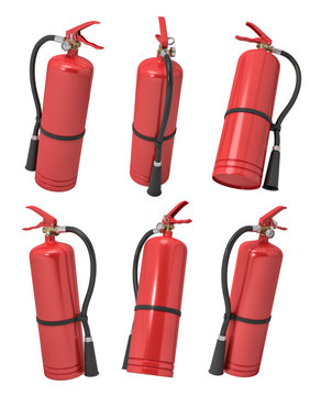 3d rendering of several red fire extinguishers shown from different angles on a white background.