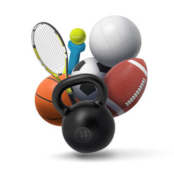 3d rendering of collection of sport and fitness equipment: a dumbbell, a kettlebell, tennis gear, and several team sport balls.