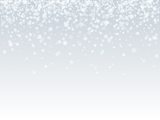 Falling white snowflakes on light background. Snow background.