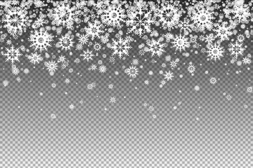 Fotobehang Falling white snowflakes isolated on transparent background. Snow background. Snowflakes for design Christmas and New Year banners and cards. © Nataliya
