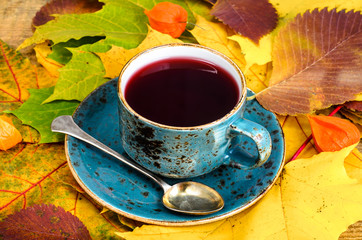 Сup of hot red tea from karkade, beautiful autumn leaves on table