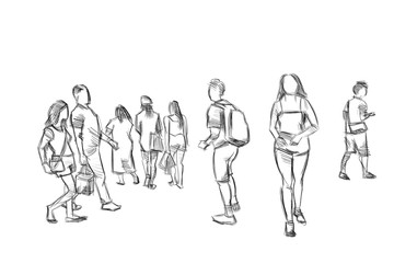 Fototapeta na wymiar group of people walking pencil rough sketch isolated
