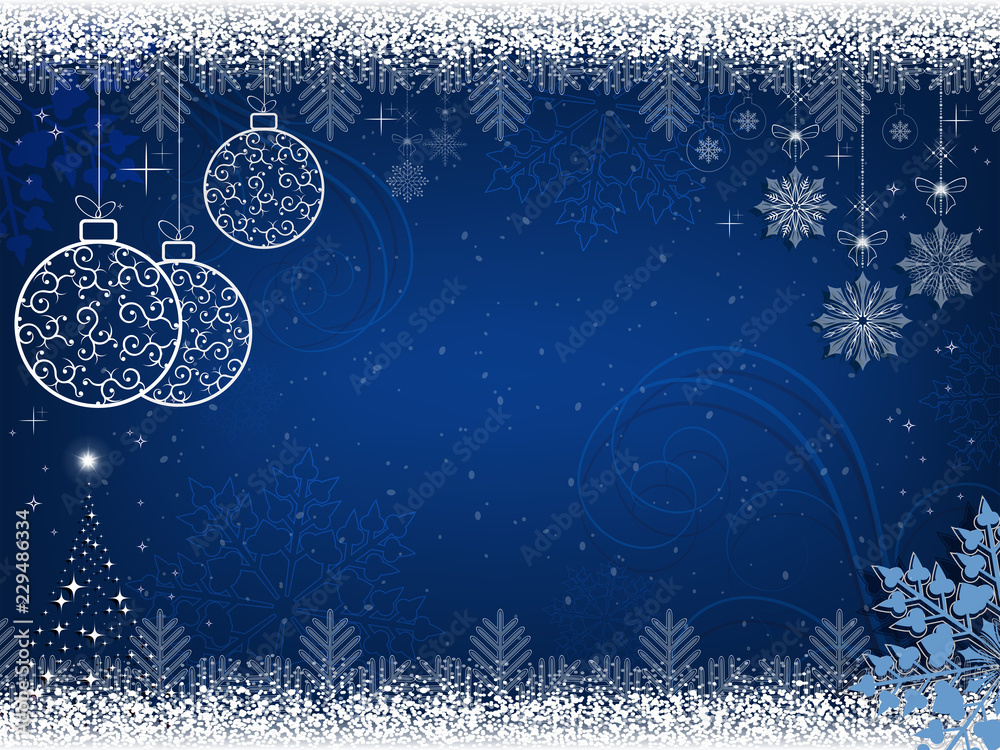 Wall mural Christmas blue design with white balls in retro style and snowflakes.