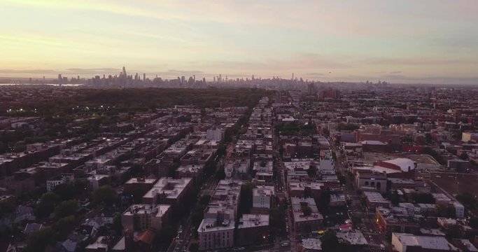Drone view of Manattan and Brooklyn from Flathbush at Sunset