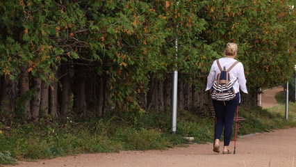 Fototapeta na wymiar A woman engaged in Nordic walking in the Park. Healthy lifestyle.