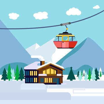Cool vector ski resort mountain detailed landscape with lodge, spruce trees and funicular. Winter sports vacation destination concept background