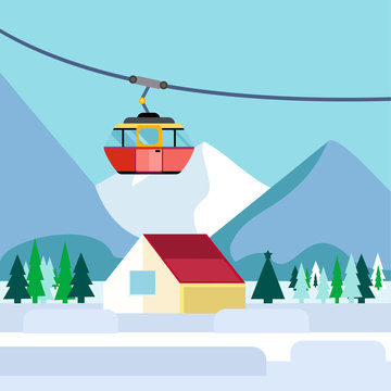 Cool vector ski resort mountain detailed landscape with lodge, spruce trees and funicular. Winter sports vacation destination concept background