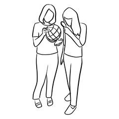 two women holding world globe and magnifying glass vector illustration sketch doodle hand drawn with black lines isolated on white background