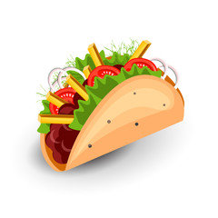 Tortilla Burritos wrap vector cartoon illustration. Mexican burritos with french fries and vegetables Icon. Mexican Wraps Burrito, Wrapped tortilla and burrito with vegetables isolated on white