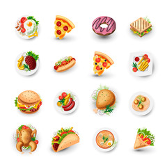 Set of Fast Food Icons. Junk Food Vector Illustration - Pizza, Donut, Burger, Taco, Chicken and other Fast Food Objects. Cartoon Style Objects of Junk Food, Colorful Appetizing Set for Street Lunch.