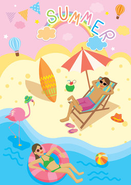 Illustration vector of summer design with beach activities on cute background.