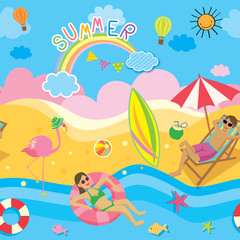 Illustration vector seamless pattern of summer background design with beach activities.