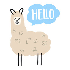 Cute llama say hello. Hand drawn vector lettering illustration for postcard, t shirt, print, kids wear, stickers, posters design.