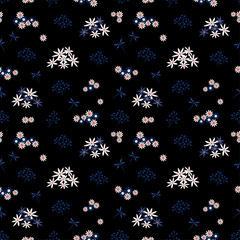 Monotone seamless pattern,white and blue flowers with dragonfly on dark background,design for fashion,fabric,textile,print or wallpaper