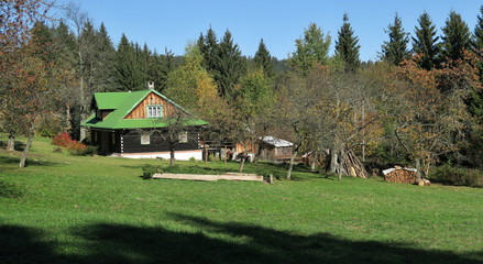 Fototapeta na wymiar old house in the beginnin of autumn in Beskydy mountains in Czech Republic