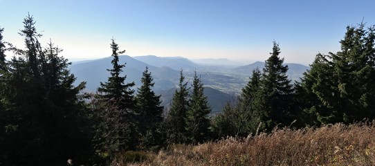 south view from the summit of Lysa hora mountain in Beskydy mountains in eastern part of Czech Republic