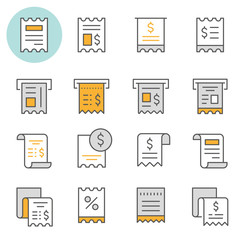 Receipt flat line icon set. Vector illustration. Editable stroke.