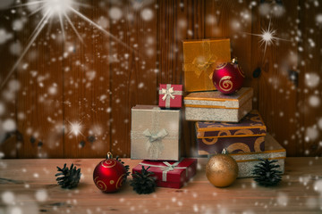 Christmas presents on wooden background. View with copy space.