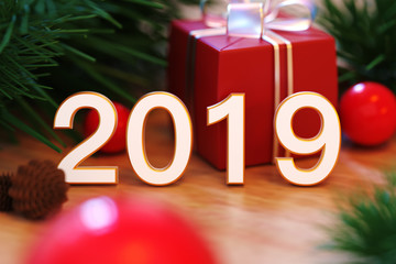 Set of 3d rendering gift boxes,pine tree,balls and 2019 isolated on the wood floor.