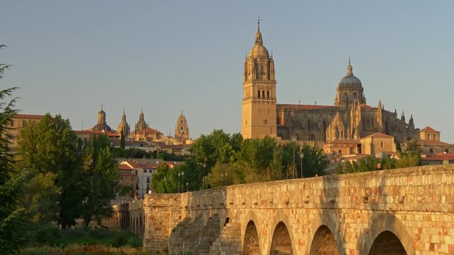 Panning shot of the New Cathedral in Salamanca, Spain during sunset. 4K, UHD