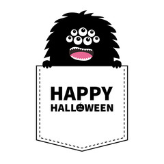 Happy Halloween. Black fluffy monster silhouette in the pocket. Holding paw hands. Cute cartoon scary funny spooky character. Baby collection. T-shirt design. White background. Flat design.