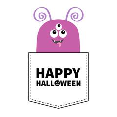 Happy Halloween. Purple monster silhouette in the pocket looking up. Cute cartoon scary funny baby character. T-shirt design. Eyes, fang tooth, tongue. White background. Flat design.