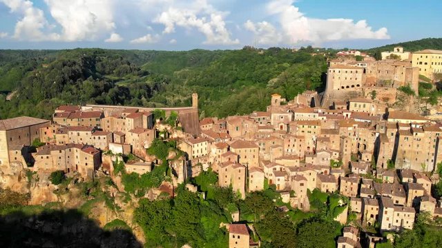 Aerial shot of Sorano - old village in southern Tuscany, Italy. 4K, UHD