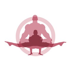 Muscular man sit in meditation pose. Athlete posing. Human silhouettes with overlay effect. Yoga Center Emblem.