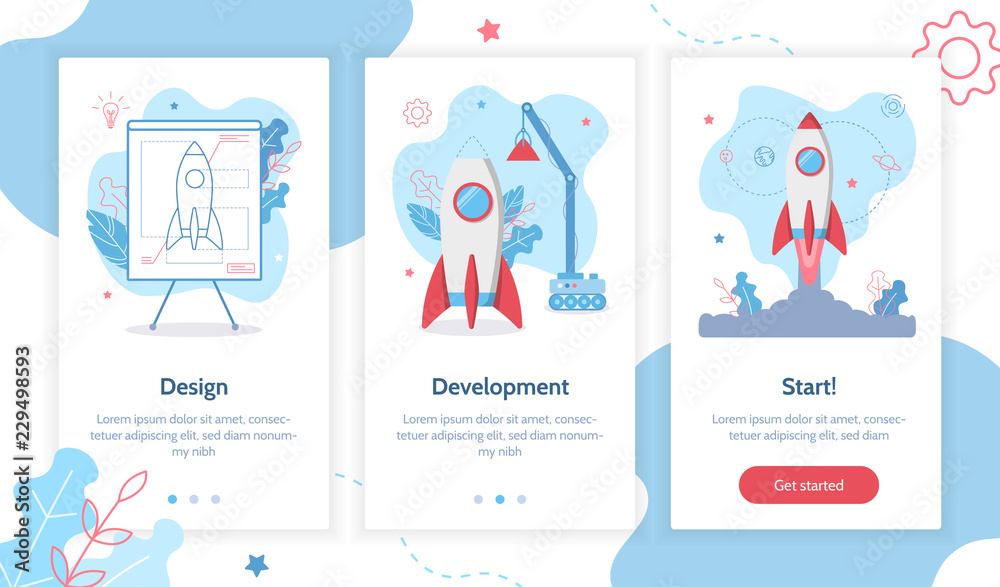 Fototapete Project development. Building rocket from design to launch. Onboarding template for smartphone and tablet screens. Website concept. Flat vector illustration.