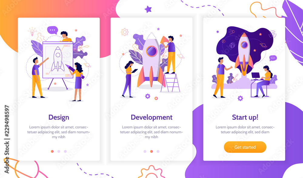 Fototapete The development team is working on the project. Creation of a rocket. Onboarding screens template for mobile applications and websites. Flat vector illustration. 