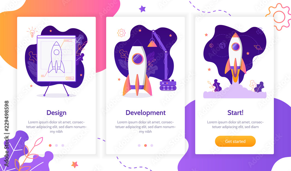 Poster project development. building rocket from design to launch. onboarding screens template. mobile app 