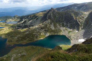 Fototapeta na wymiar Summer view of The Twin, The Trefoil, The Fish and The Lower lakes, Rila Mountain, The Seven Rila Lakes, Bulgaria