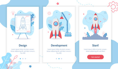 Project development. Building rocket from design to launch. Onboarding template for smartphone and tablet screens. Website concept. Flat vector illustration.