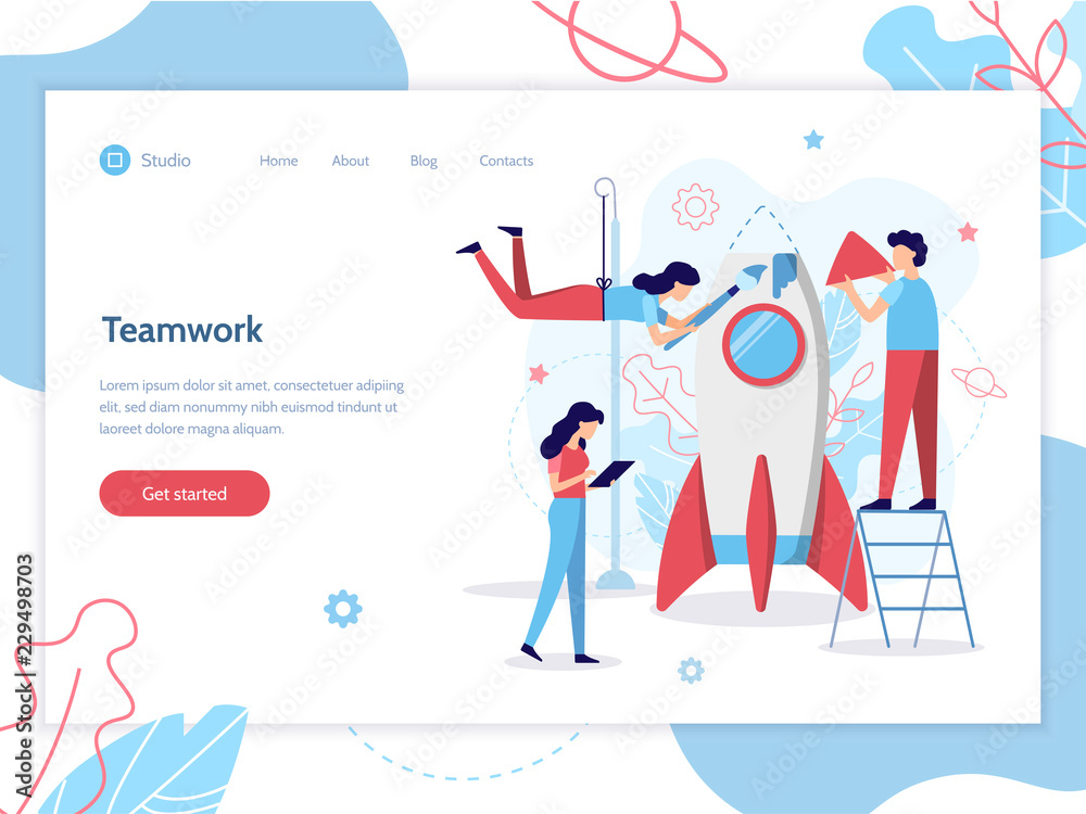Fototapete The development team is building a rocket. Web banner design template. Startup concept. Teamwork and development. Flat vector illustration. 