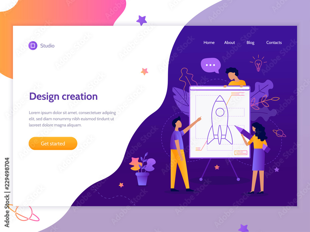 Wall mural the development team designs the rocket. web banner design template. startup concept. teamwork and d