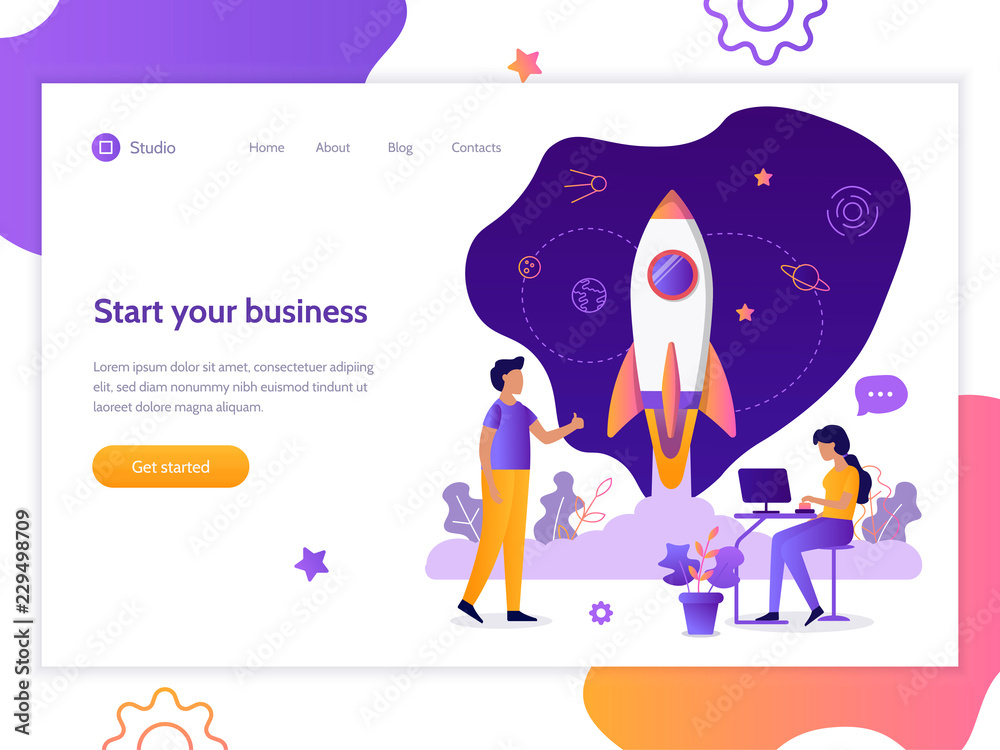 Poster launch of a new business project. web banner design template. startup concept. teamwork and developm
