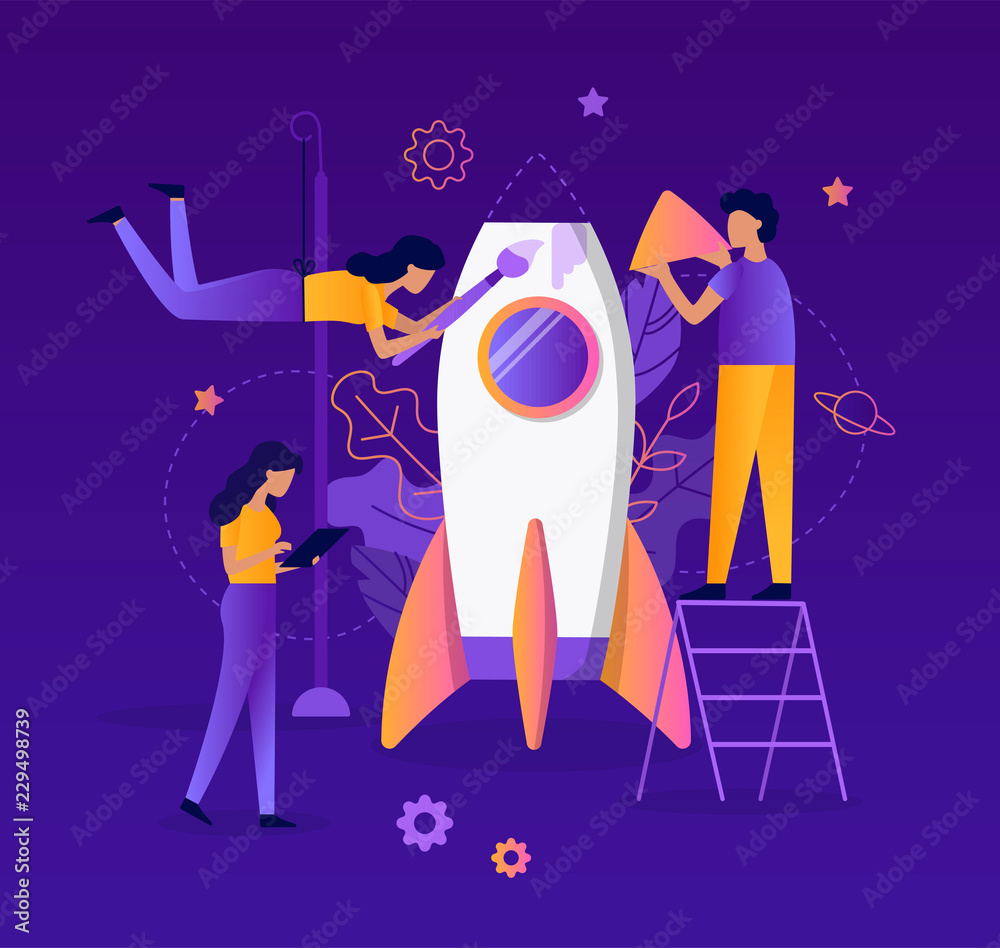 Poster the development team construct is building a rocket. startup concept. teamwork. web development. fla