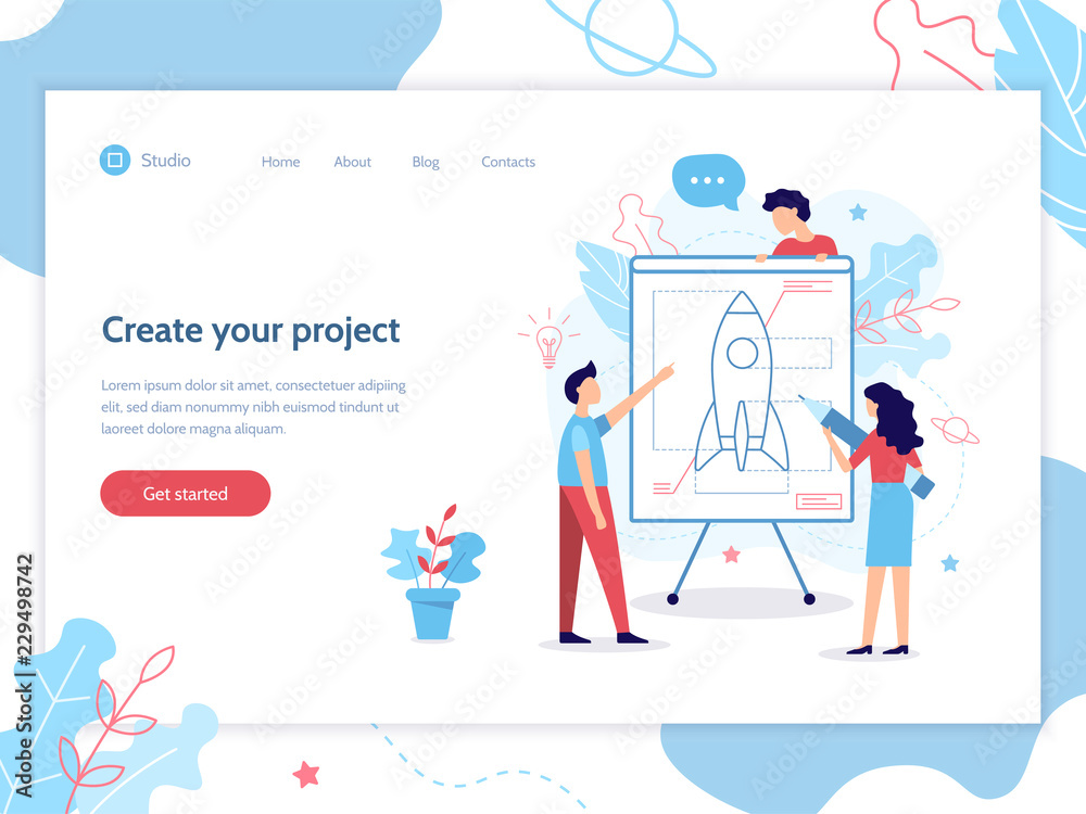Wall mural a team of specialists designs the rocket. web banner design template. startup concept. teamwork and 