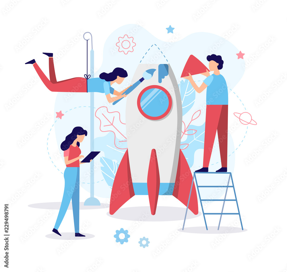 Poster Team of developers construct is building a rocket. Business concept. Teamwork. Web development. Flat vector illustration.