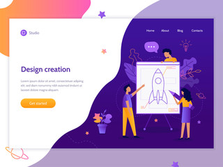 The development team designs the rocket. Web banner design template. Startup concept. Teamwork and development. Flat vector illustration. 