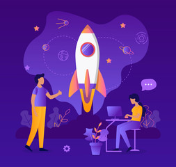 A team of specialists launches the rocket. Start up project. Business concept. Teamwork. Web development. Flat vector illustration.