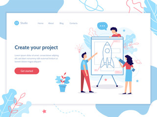 A team of specialists designs the rocket. Web banner design template. Startup concept. Teamwork and development. Flat vector illustration. 